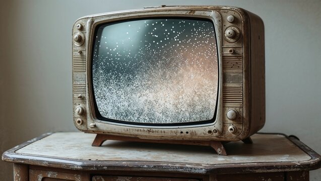 A retro-style television set with a wooden cabinet, decorated with ornate knobs and dials, sits on a worn laminated table, its convex screen displays a mesmerizing electronic snow pattern.