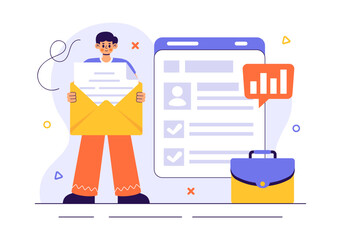 Job Offer Vector Illustration featuring a Businessman, Recruitment Process, Career Opportunities, and Company Vacancy in a Flat Style Background