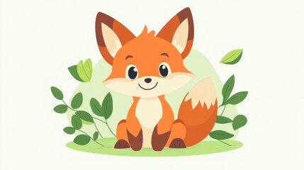 Obraz premium Cute fox sitting amidst green leaves; nature background, children's book illustration