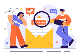 Job Offer Vector Illustration featuring a Businessman, Recruitment Process, Career Opportunities, and Company Vacancy in a Flat Style Background