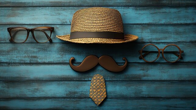 A creative and stylish Father's Day setup featuring a straw hat, an elegant necktie, glasses and a playful mustache cutout on a blue wooden background. - Powered by Adobe