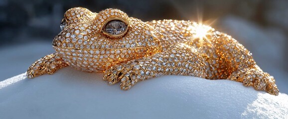 Diamond frog on snow, sunlit background, winter jewelry