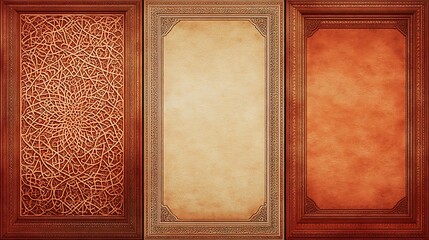 Fototapeta premium Three ornate wooden panels with intricate designs and blank spaces
