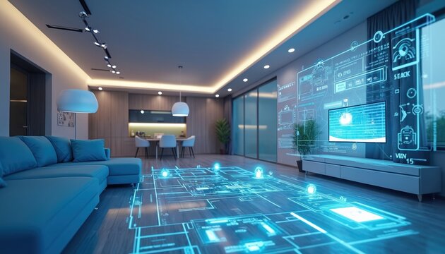 Modern smart home interior. Virtual reality interface shows house floor plan and tech icons. Blue and white virtual reality interface. Smart tech showcased. Futuristic concept art.