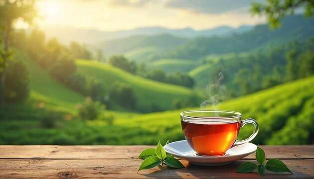 Scenic view of tea cup filled with hot green tea on wooden table in tea plantation. Steam rising from cup. Fresh green tea leaves placed on table next to tea cup. Tea plantations in background with