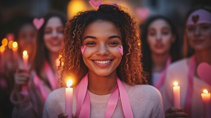 World Cancer Day Tribute – A diverse group holding pink ribbons and glowing candles, symbolizing hope, strength, and unity in the global fight against cancer