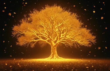 Golden tree glows against dark background. Golden leaves fall around tree. Autumnal magic. Nature in autumn. Beautiful scene. Majestic tree. Golden foliage displays. Nature scenery. Illuminated tree