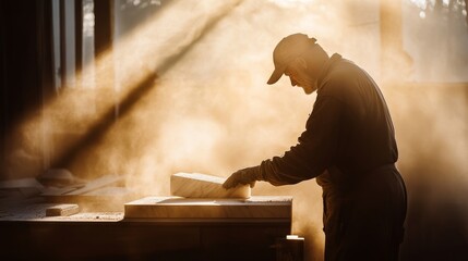 Carpenter shaping wood in a sunlit workshop, surrounded by dust and tools, creating art