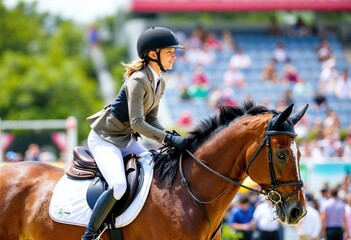 equestrian sport young girl rides on horse on championship