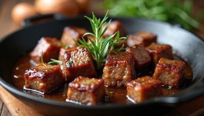 Close up of braised meat cubes in pan. Pieces brown, glazed with sauce. Rosemary sprigs on top. Looks delicious, ready to eat. Pan dark color. Cooking technique searing, slow cooking in liquid.