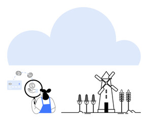 Farmer holding magnifying glass inspecting financial data surrounded by corn plants and windmill. Ideal for agriculture, finance, analysis, rural development, data-driven farming, investment