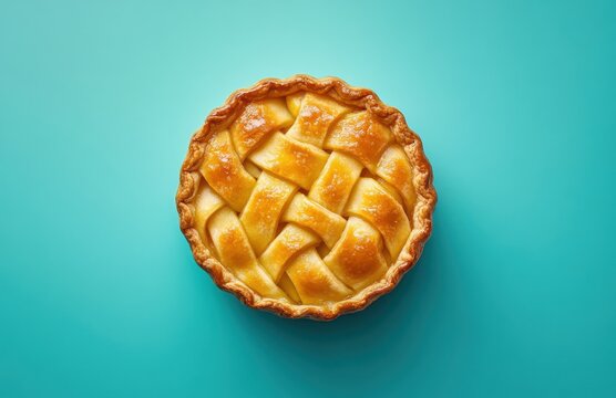Delicious homemade apple pie with golden flaky crust on vibrant turquoise background, perfect for culinary and dessert-themed projects