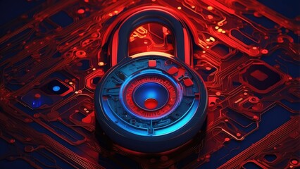 Fototapeta premium 1. **Cyber Security and Protection of Private Information: Circuit Lock Symbol and Technology Background Concept**
