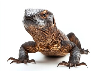 Obraz premium Majestic Komodo Dragon Stares Intensely on a Clean White Background