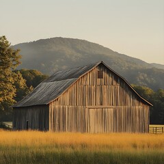 Obraz premium Old Wooden Barn on a Farm with Weathered Paint in Sunset Light