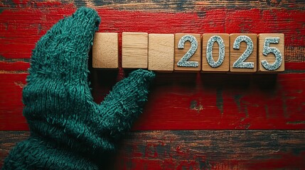 A gloved hand in a Santa suit changes wooden blocks from 2024 to 2025 against a bright red background, symbolizing the new year countdown and holiday excitement.