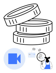 Stacked coins indicating wealth, person examining financial data with magnifying glass, video call icon. Ideal for finance, investment, savings, virtual meetings, online business, economic analysis