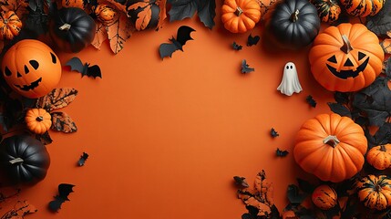 A Halloween-themed background featuring pumpkins, bats, a ghost, and spooky decorations creatively arranged on an orange surface, capturing the essence of the holiday.