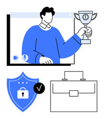 Man holding trophy on video call, digital shield with checkmark, and briefcase icon. Ideal for remote work, online achievements, cybersecurity, career growth, online business, professionalism
