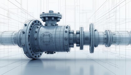 Detailed industrial valve design presented as wireframe. Abstract tech drawing shows intricate valve components. Blueprint style displays visible, hidden lines. Modern engineering design. Possible