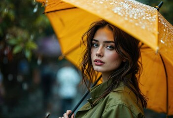 rain portrait of young beautiful woman with umbrella