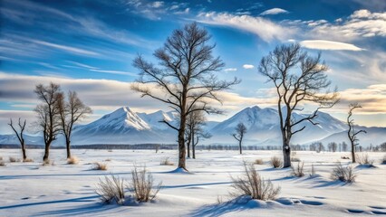 Winter landscape featuring snow-covered field, leafless trees, and majestic snow-capped mountains under a vibrant sky