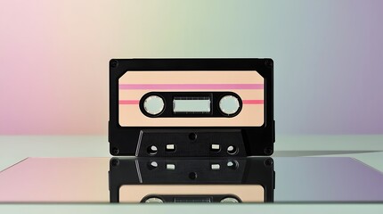 Fototapeta premium Vintage audio cassette tape with pink and beige label on a reflective surface, symbolizing retro music, nostalgia, analog sound, and 80s and 90s pop culture on a pastel background