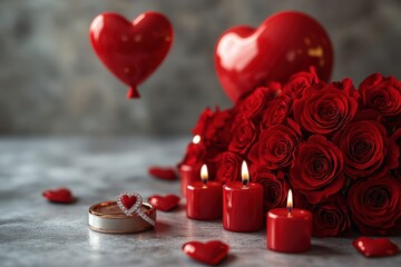 A bouquet of red roses with two silver wedding rings placed on top of the flowers