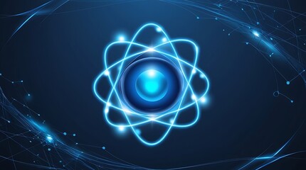 Glowing atomic symbol with futuristic blue energy connections representing nuclear power, quantum physics, and scientific research on a dark background with abstract digital lines

