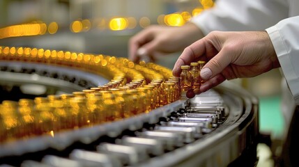Pharmaceutical Industry: High-Precision Medicine Production Line. Amber Glass Vials on Conveyor Belt. Healthcare and Vaccine Manufacturing Process.