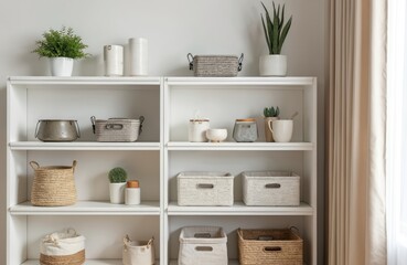 White shelves display stylish storage baskets, organizers. Scandi style home decor concept. Natural materials like wicker, natural colored cardboard boxes showcased. Empty baskets, containers neatly