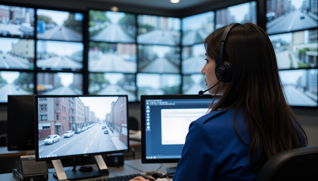Technician monitoring city surveillance from control room - Real-time insights for effective urban management