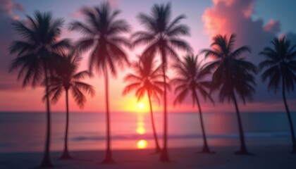 Blurred tropical sunset scene on beach. Palm trees silhouettes in motion blur. Vivid colors. Warm hues of sunset. Summer paradise. Island vacation. Beach landscape. Exotic atmosphere. Long exposure