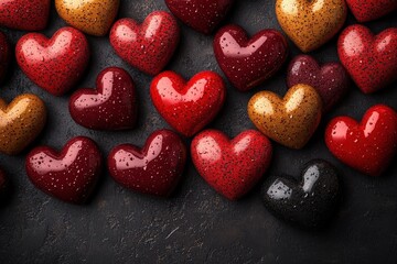 Fototapeta premium Colorful red and yellow hearts arranged on a solid black background for decorative purposes