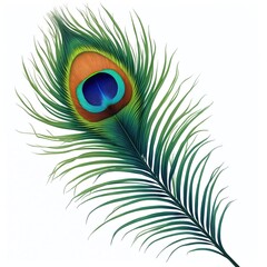 Fototapeta premium Close up view of peacock feather. Vibrant colors create beautiful pattern. Isolated on white background. Detailed image shows nature beauty. Feather perfect for design projects, decorations