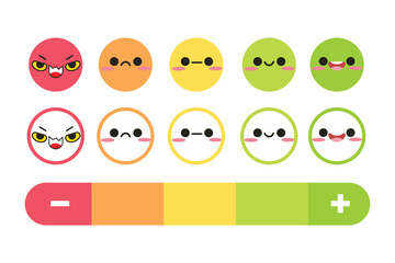 Set of rating emojis set in different colors outline. Set of emotion satisfaction level. User experience. Customer feedback