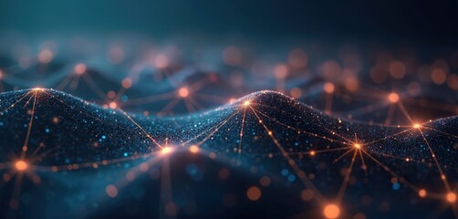 Futuristic digital network. Abstract cyber city landscape. Interconnected nodes, glowing links. Complex web of information, data. Virtual reality, digital space. Advanced technology, smart city