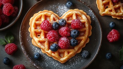 A Mother's Day breakfast idea heart-shaped waffles with fresh fruit and a note for Mom.