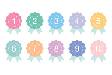 Set of ranking medal flat icons vector with pastel color. Winner rank number icons. 1st place to 10th place ranking vector illustration