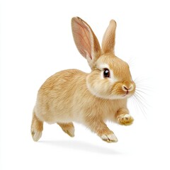 Playful Rabbit with Floppy Ears Hopping on White Background - Photorealistic Bunny with Soft Fur and Bright Eyes