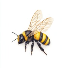 Detailed Bee in Flight on White Background - Photorealistic Image of Vibrant Insect with Delicate Wings