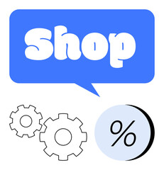 Shop text in blue speech bubble atop two black and white gears and a percentage sign in blue circle. Ideal for retail, e-commerce, sales, discount offers, marketing, business strategy, and customer