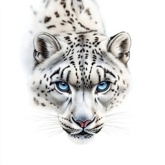 Obraz premium Stealthy Snow Leopard Stalking in the Snow - Photorealistic Wildlife Portrait with Ice Blue Eyes