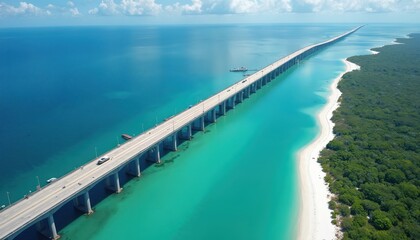Aerial view of Seven Miles Bridge connecting islands in Florida Keys. Calm turquoise ocean water meets white sandy beaches. Rich green tropical vegetation borders coast. Highway spans bridge over
