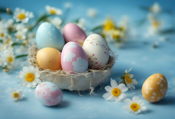 blooming eggs wallpaper easter festive flowers blue background spring egg flower lawn fabulous celebration holiday blank empty space copy seasonal fairy pastel decoration tradition colourful pink