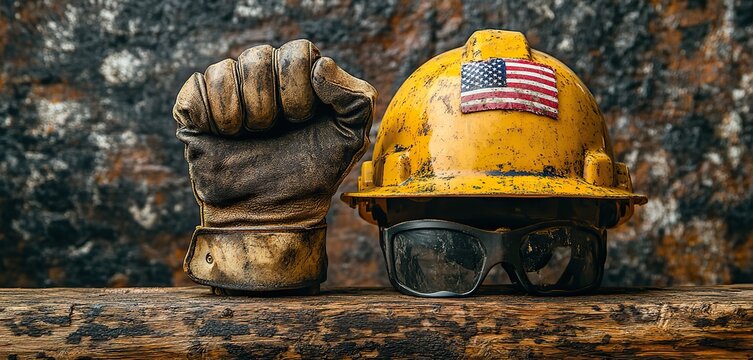 a raised fist in a work glove symbolizes strength and solidarity, with a yellow hard hat and American flag representing Labor Day in the USA, honoring the contributions of workers.