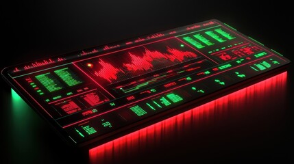 Futuristic financial display, bold red and green analytics, glowing on a sleek black surface