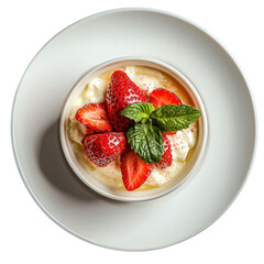 Creamy Dessert with Fresh Strawberries and Mint on a White Plate