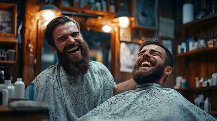 Fototapeta premium Laughing Barbershop: Happy Men Enjoying Haircut and Beard Grooming Session