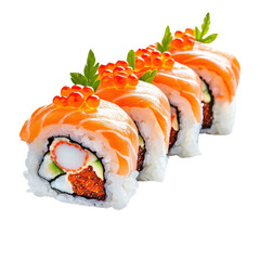 Fresh sushi rolls with salmon and fish roe garnished beautifully